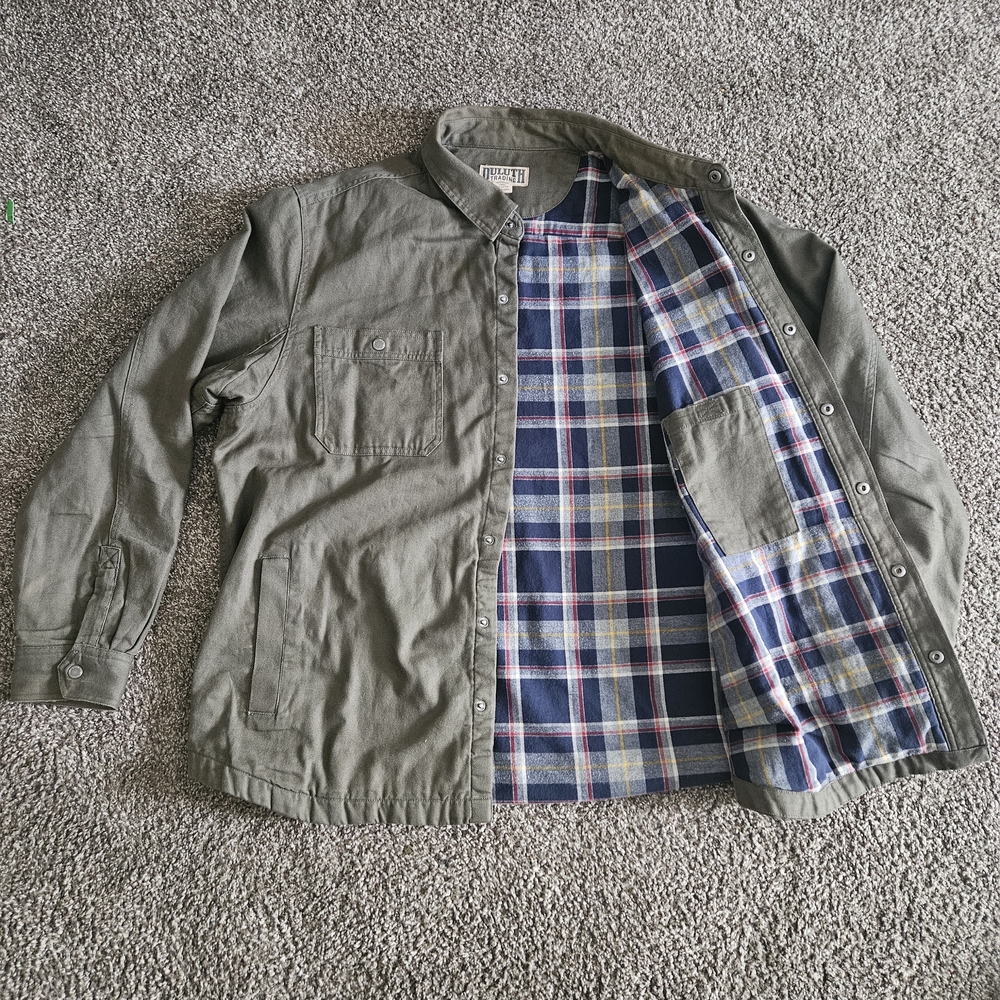 Duluth Trading Mens 2XL Standard Fit Striped Flannel Lined Snap Shirt Jacket